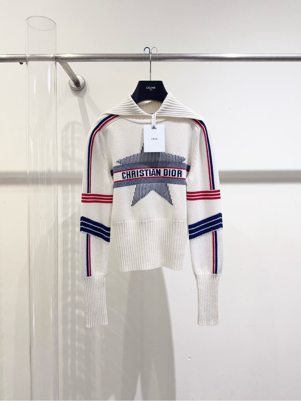 Dior Cream Knit Crewneck Sweater with Navy & Red Stripes